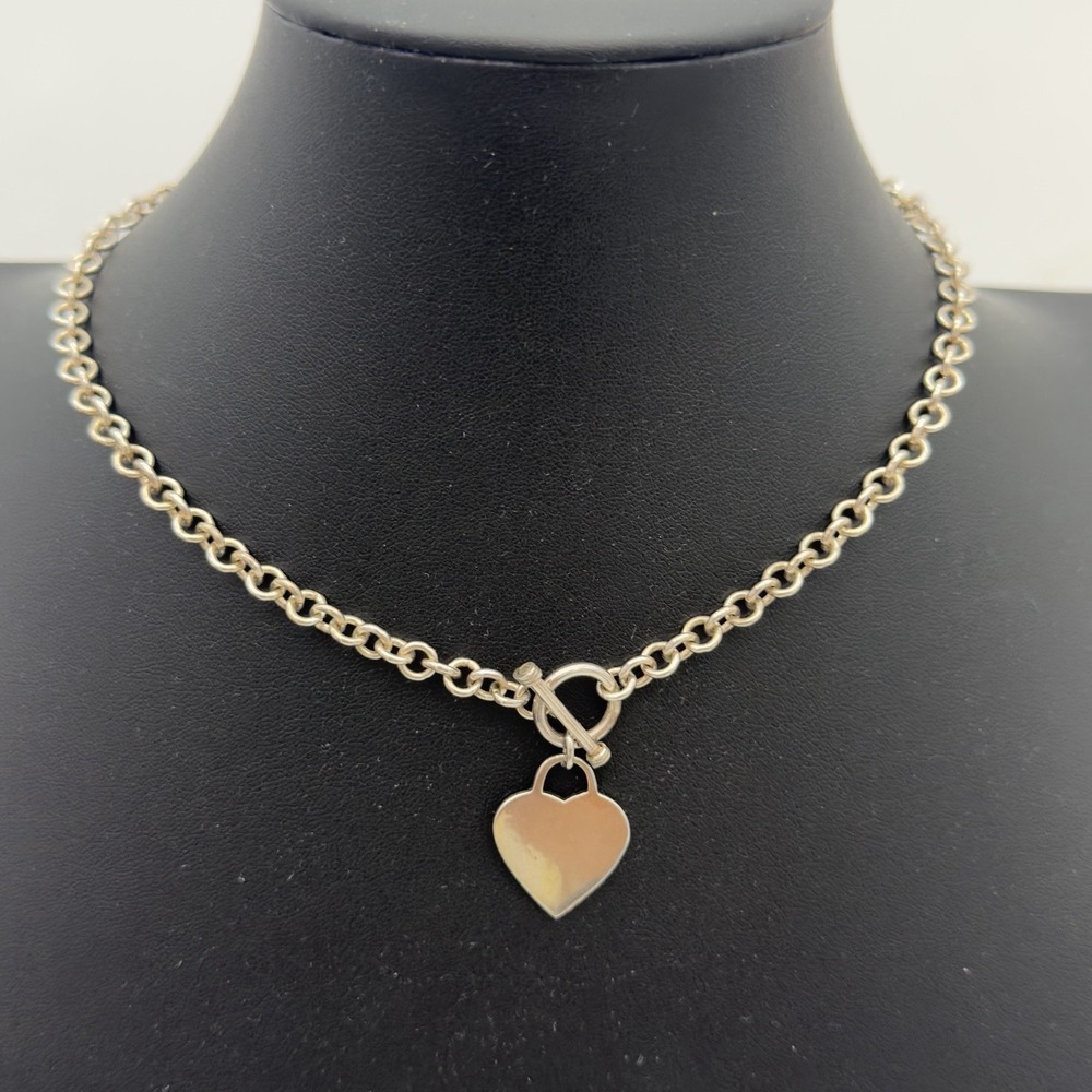 VTG Sterling Silver  Heart Toggle Rolo Chain Necklace 16" Heavy Estate 25.8 Gr